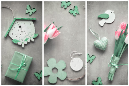 Springtime collage background in green, pink and grey colors. Flat lay on stone surface with pink...