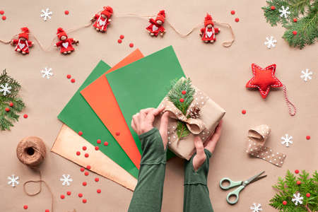 Zero waste Christmas, flat lay, top view on craft paperの写真素材