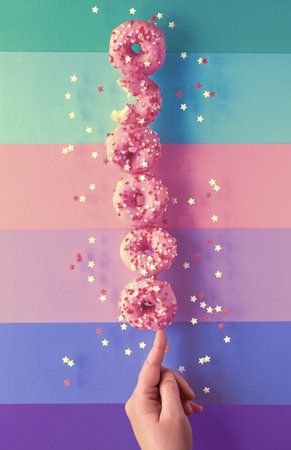Creative image of perfect balance, zen like tower or pyramide of tasty sweet pink donuts balancing...