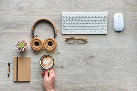 Concept flat lay with modern office supplies from eco friendly sustainable materials without single use plastic to reduce waste and organize sustainable lifestyle.の写真素材