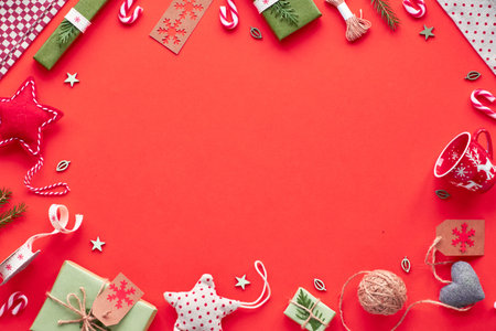 Trendy eco friendly zero waste Christmas and New Year decorations and packed gifts. Geometric flat...