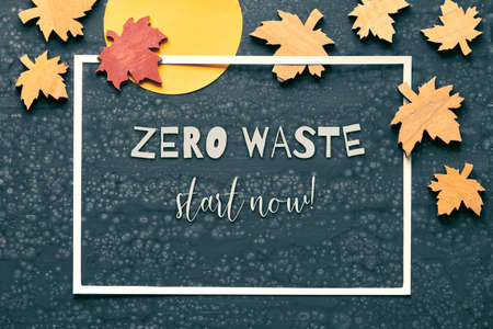 "Zero waste start now" text on Autumn background. Flat lay on dark liquid acrylic pour board, white paper frame  with wooden decorative maple leaves and text.の写真素材