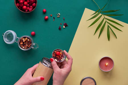 Zero waste tea to go, making herbal infusion in eco friendly insulated bamboo steel flask with herbal mixture and fresh cranberry. Trendy creative flat lay with hands on two tone green yellow paper.の写真素材
