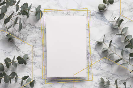 Eucalyptus twigs and geometric golden frames on marble table with blank paper page. Abstract floral background. Flat lay, top view eucalyptus on white marble, flat lay on stone table, copy-space.の写真素材