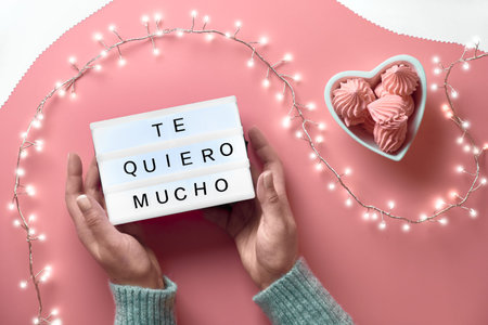 Valentine top view on pink background. Light garland, woman hands showing heart sign. Metallic pink...