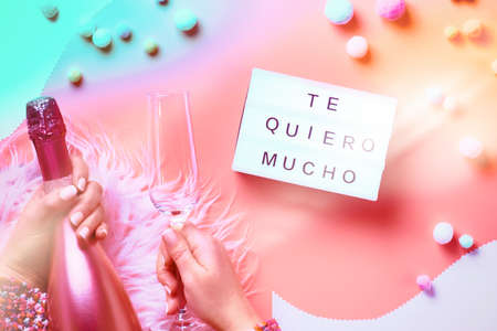 Light garland, woman hands showing heart signの写真素材