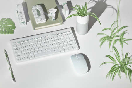 Concept background with modern office supplies in white, mint green and marble. Isometric projection, geometric layout with exotic leaves. Notebook, stapler, keyboard, mouse, stapler, hole puncher.の写真素材