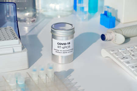 Test kit to detect novel COVID-19 coronavirus in patient samples. RT-PCR kit allows to convert viral Covid19 RNA to DNA and amplify specific region of 2019-nCov gene coding spike.の写真素材