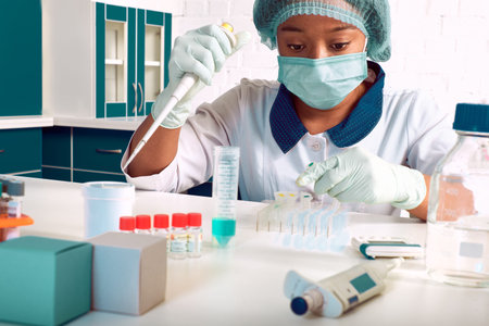 Female African medical students, young graduates in research laboratory or medical test lab perform...