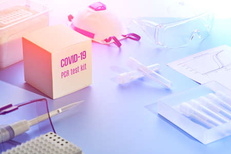 Test kit to detect novel COVID-19 coronavirus in patient samples. RT-PCR kit reagents allow to analyze viral Covid19 RNA and amplify region specific for 2019-nCov.の写真素材