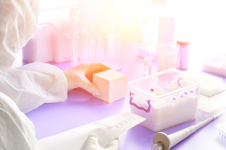 SARS-COV-2 pcr diagnostics kit. Epidemiologist in protective suit, mask and glasses works with...