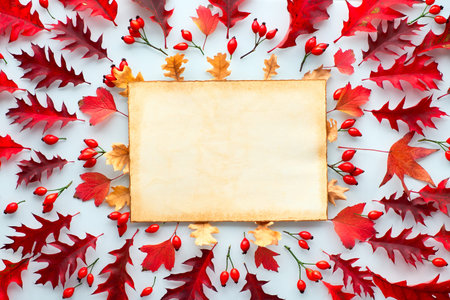 Autumn leaves, top view. Text space, copy-space on aged parchment. Flat lay in red and orange tones...