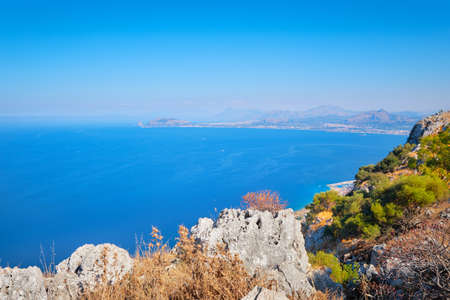 Romantic island of Sicily, wonderful view of seaside from high up, aerial view of blue Mediterranean sea with horizon over water and blue sky. Sicily, Italy landscape.の写真素材
