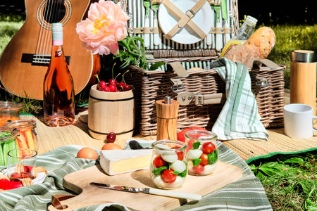 Vintage picnic basket, hamper with baguette and lemonade outdoors on a grass with cheese,...