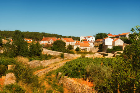 Fishermen cottages and houses in Vrboska village on island of Hvar, Dalmatia, Croatia.