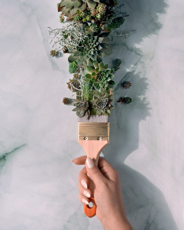 Painting brush with paint made of Sempervivum succulent plants. Creative flat lay. Direct sunlight, long shadow design.の写真素材