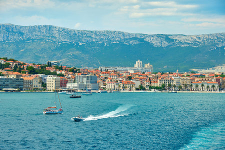 Split City Harbor from upper deck of large sea ferry boat. Sea, passenger boats, ships, historic...