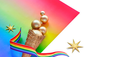 Christmas decorations in LGBTQ community rainbow flag colors, border design for panoramic greeting...
