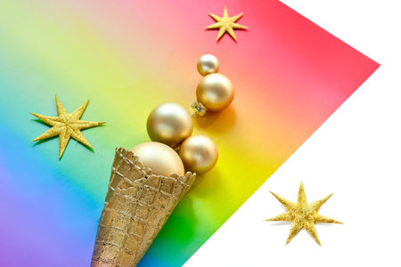 Christmas, New Year decorations in LGBTQ community rainbow flag colors, border design, panoramic...