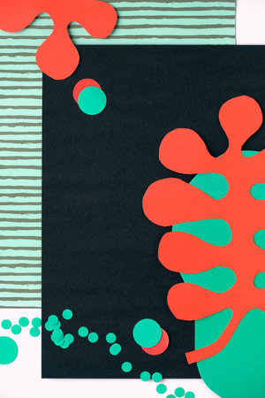 Abstract organic shapes, paper art. Matisse collage inspired background. Fluid curving forms in red,...
