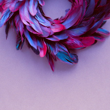 Top view on half of vintage feather wreath on beige, pink background. Dark rich purple, red and burgundy feathers. Copy-space, place for text.の写真素材