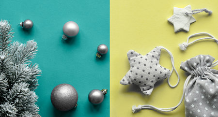 Plastic-free Xmas concept. Panoramic flat lay on layered green illuminating yellow paper.Change from plastic toys to sustainable Christmas decorations with natural materials. Textile and ceramic.の写真素材