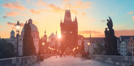Charles Bridge at dawn: silhouettes of Old Bridge Tower, churches and spires of Old Prague on a sunrise, panoramic image.の写真素材