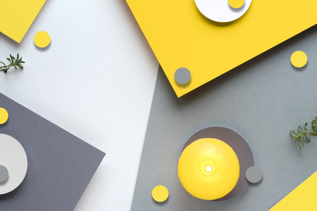 Illuminating Yellow and Ultimate Gray, colors of the year 2021. Abstract layered paper background with circle shapes and lavender plants.の写真素材