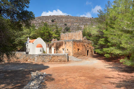 Keramou Monastery, or Monastery of Keramos on island of Crete in Greece. Ancient ruins of buildings.の写真素材