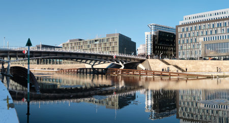 BERLIN, GERMANY - FEBRUARY 14, 2021: Spree riverside in winter. Modern architecture. Crown Prince...