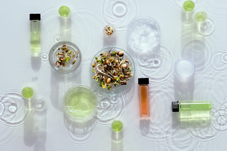 Macrobiotic food. Mix of fresh sprouts in glass jar. Nutrition value of sprouting mix. Green fresh...