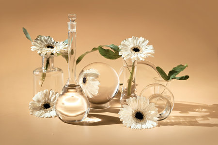 Flowers, transparent glass jars, bottles, vials. Reflections, distorted floral elements. Desaturated beige background. Natural sunlight, long shadows. White gerbera, exotic leaves. Biophilia design.の写真素材