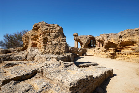 Ruins of ancient protective wall of Akragas town.Valley of Temples, Agrigento, Sicily, Italy.の写真素材