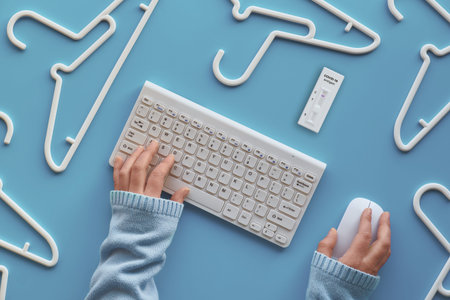 White plastic hangers, hands with keyboard and computer mouse. Creative top view flat lay, blue mint...