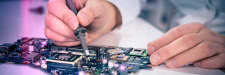 Tech fixes motherboard in service center. Shallow DOF, focus on hands, image is toned with extra...