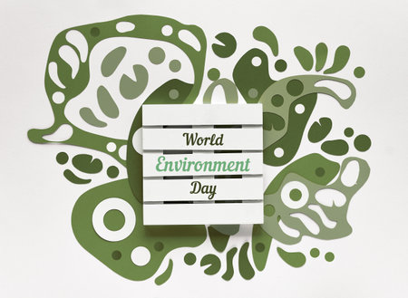 World Environment day. Abstract fluid shapes, paper art in green, beige. Off white concept background, monochrome look. Message text board. Celebrate eco friendly lifestyle.の写真素材