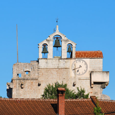 Bell tower of Saint Marries Church in Vrboska, Hvar, Croatia