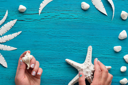 Summer nautical abstract grungy background with white stones and exotic paper leaf silhouettes....