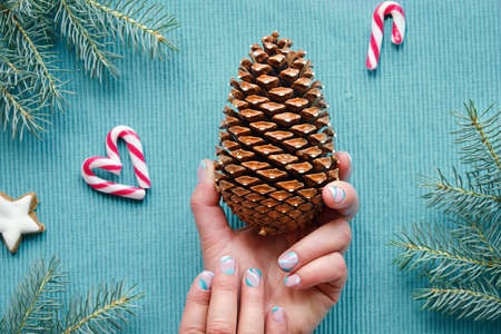 Christmas simple minimal background with hands holding large pine cone. Flat lay, top view on turquoise colored wood. Fir twigs, candy canes and star shape cookies. Merry Xmasの写真素材