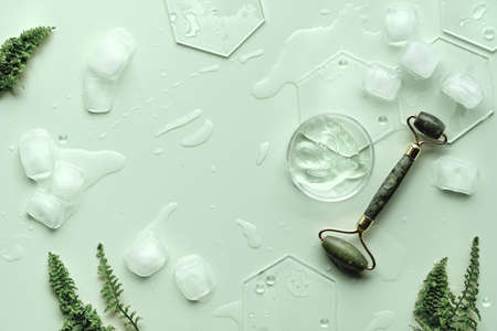 Moisturizer, green jade face roller with exotic fern leaves. Mint green background with moisturizer in chemical glass petri dish and ice. Minimal geometric flat lay with hexagones. Monochrome look.の写真素材
