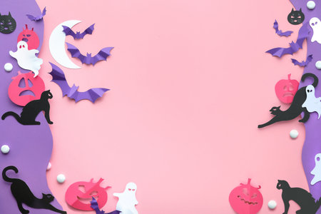 Cute Halloween background with kawaii black cats, vibrant purple paper bats, pink pumpkins, sugar sweets and funny white ghosts. Flat lay on pink and purple paper with white Moon.の写真素材