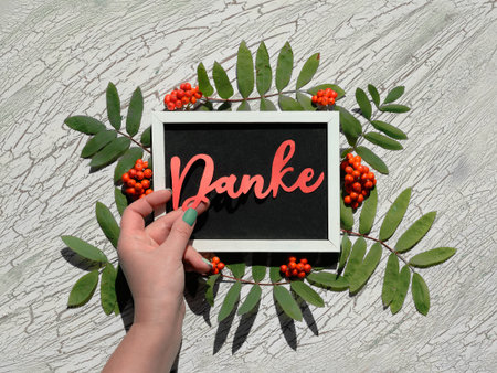 Text Danke, thank you in German language. Orange rowan berry with green leaves around blackboard,...