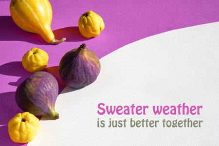 Card with Autumn colors. Purple fig, yellow quince fruits and pumpkin on vibrant fuchsia, magenta...