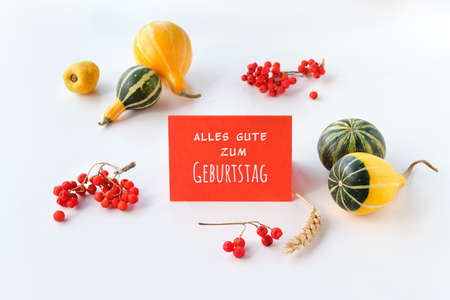 Text Alles Gute zum Geburtstag means Happy Birthday. Greeting text on red paper card. Natural decorative Fall pumpkins, rowan berry and wheat ears. leaves. Autumn composition on off white background.の写真素材