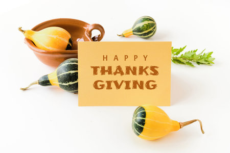 Autumn decorations, card with text Happy Thanksgiving. Natural decorative Fall pumpkins and green...