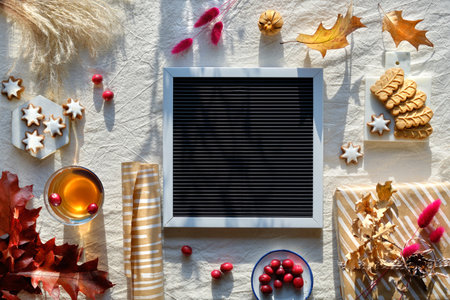 Text board mockup. Autumn decorations - cranberry, cookies. tea and dry oak leaves.