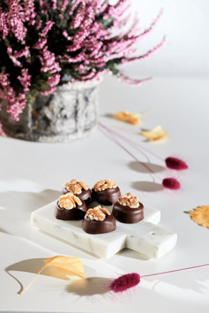 Chocolate pralines with walnut nuts on marble cutting board. Closeup on candy. Autumn arrangement...
