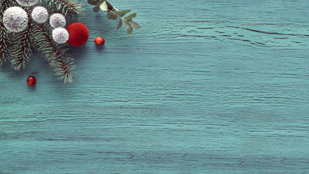 Banner with copy-space. Fluffy Christmas decorations. Fuzzy soft balls. Cranberry, fir and eucalyptus.の写真素材