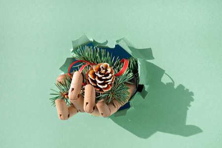 Merry Christmas, hand with fir twigs and cone through paper hole. Creative minimal concept background with long shadow on mint green paper.の写真素材