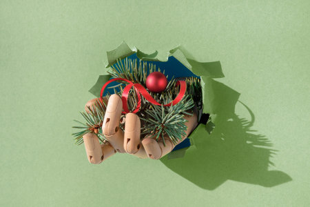 Merry Christmas, hand with fir twigs and red ball through paper hole. Creative minimal concept...